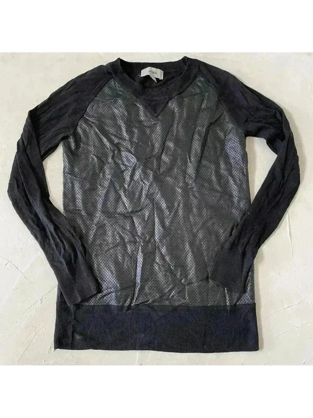 Lamb leather mixed media top long sleeves perforated leather sweater size S